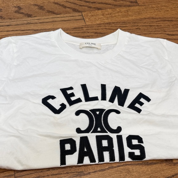 Celine White Logo Tee with Black Embroidered Paris Graphic - Picture 8 of 8